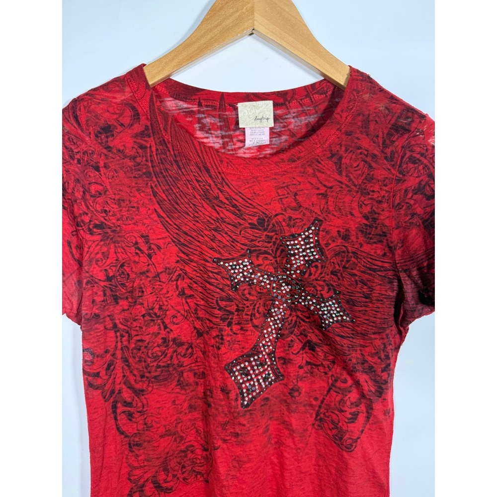 Daytrip Red Burnout Rhinestone Cross Wing Graphic Tee Y2K McBling Large